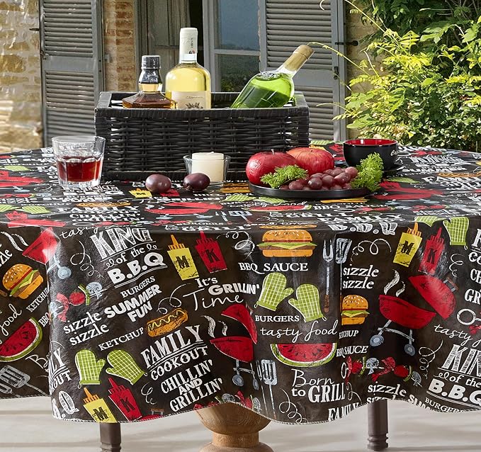 Newbridge Grill King Barbecue Print Vinyl Flannel Backed Tablecloth, Novelty Grilling Design Waterproof Patio, BBQ, Picnic, Indoor Outdoor Tablecloth, 60 Inch x 84 Inch Oval