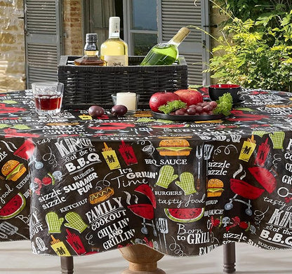 Newbridge Grill King Barbecue Print Vinyl Flannel Backed Tablecloth, Novelty Grilling Design Waterproof Patio, BBQ, Picnic, Indoor Outdoor Tablecloth, 60 Inch x 84 Inch Oval