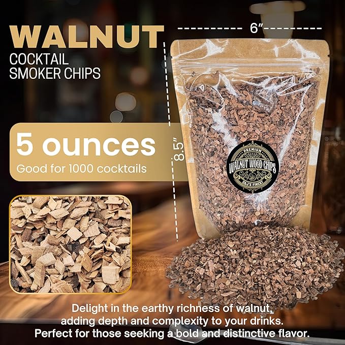 Walnut Wood Chips for Cocktail Smoker; Smoked Whiskey/Bourbon/Old Fashioned Drinks - Extra Fine Sawdust Shavings for Cocktail Smoking Guns, Smoke Box, BBQ - 5oz Gift Bag & Spoon By G&J's Finest