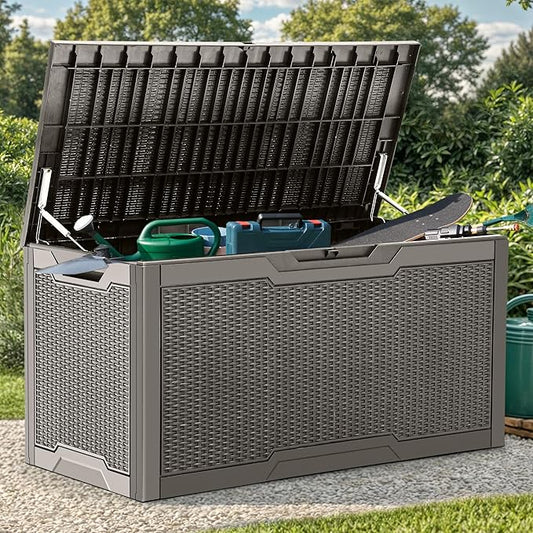 YITAHOME 100 Gallon Large Deck Box, Outdoor Resin Storage Boxes for Patio Furniture, Outdoor Cushions, Garden Tools, Water Resistant and Lockable