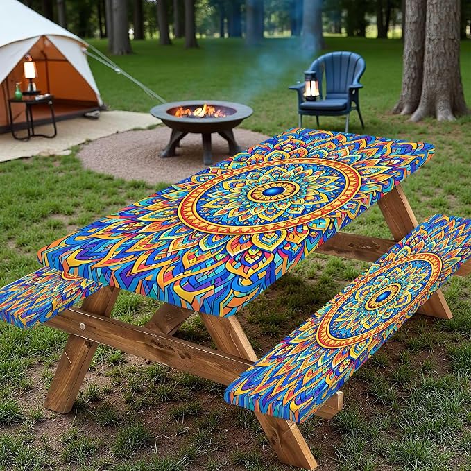 Fitted Picnic Table Cover with Bench Covers,Blue Bohemian Waterproof Elastic Edges Rectangle Patio Tablecloth Outdoor Camping Essentials Stuff Rv Accessories Summer Travel Trip Camper Gifts