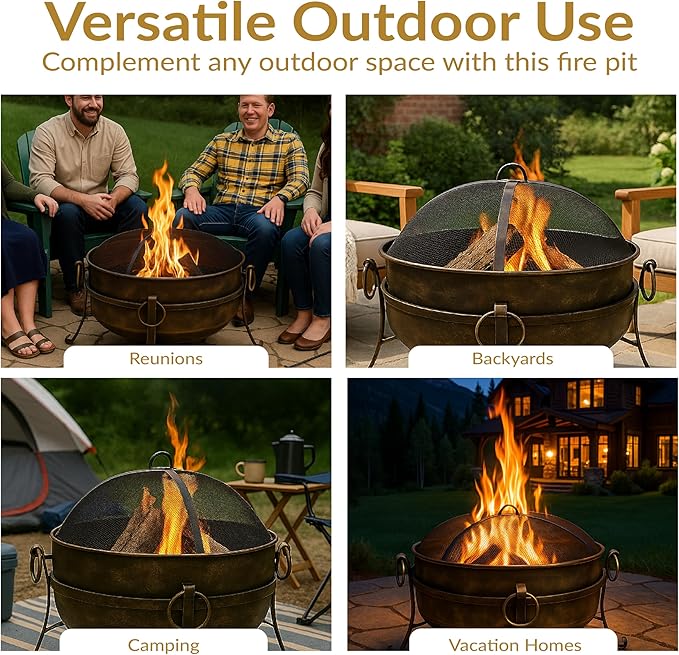 Sunnydaze 24-Inch Steel Small Fire Pit for Outside - Wood-Burning Fire Pit Bowl for Outdoors with Spark Screen, Log Poker, and Grate