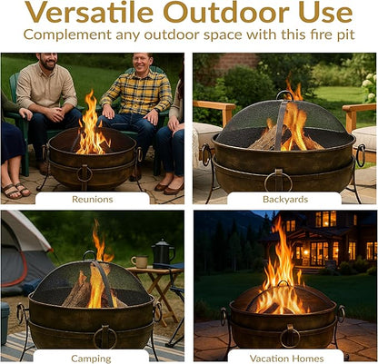 Sunnydaze 24-Inch Steel Small Fire Pit for Outside - Wood-Burning Fire Pit Bowl for Outdoors with Spark Screen, Log Poker, and Grate