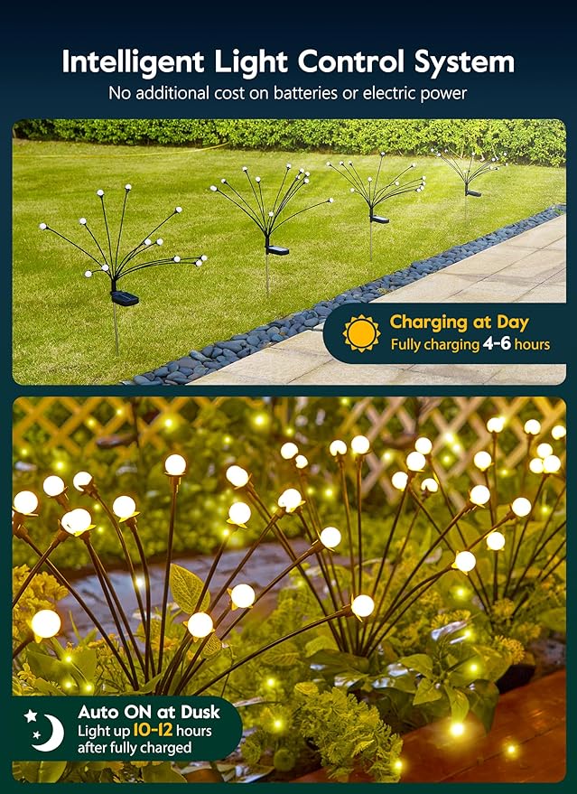 Brightown 4 Pack Solar Garden Lights, 48 LED Firefly Lights, 2 Lighting Modes, Wind Sway IP65 Waterproof Outdoor Lights for Garden Yard Pathway Decor, Warm White