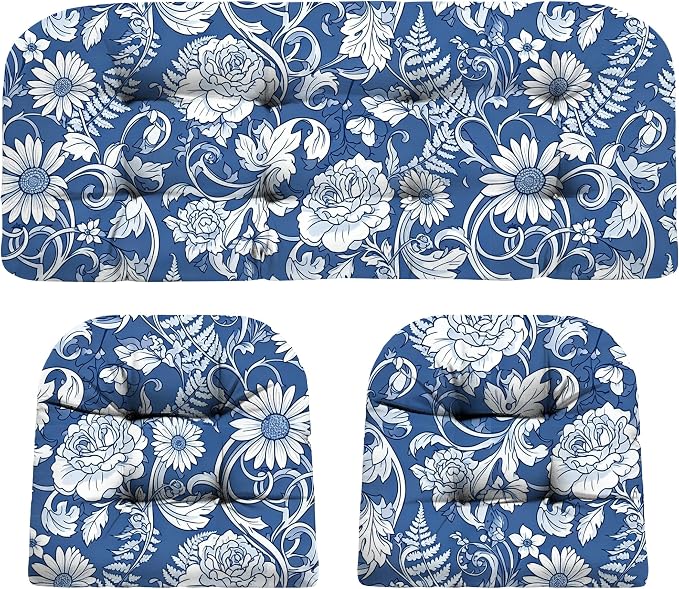 DANGHOOGY Wicker Chair Cushions, Waterproof Outdoor Loveseat Cushions for Patio Furniture, Tufted Wicker Furniture Cushions, 1 Loveseat and 2 U-Shaped Cushions (Blue Rose)