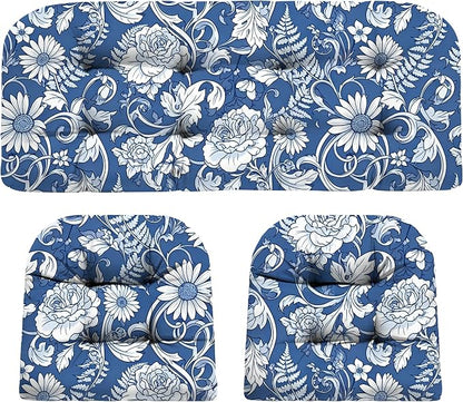 DANGHOOGY Wicker Chair Cushions, Waterproof Outdoor Loveseat Cushions for Patio Furniture, Tufted Wicker Furniture Cushions, 1 Loveseat and 2 U-Shaped Cushions (Blue Rose)