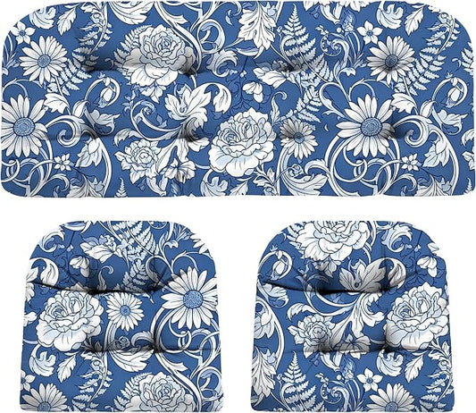 DANGHOOGY Wicker Chair Cushions, Waterproof Outdoor Loveseat Cushions for Patio Furniture, Tufted Wicker Furniture Cushions, 1 Loveseat and 2 U-Shaped Cushions (Blue Rose)