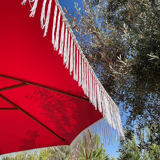 FORMOSA 9ft 6 Rib Market Luxury Patio Umbrella Replacement Canopy - 300D UV Protective and Water Resistant Patio Fade Resist Top Fabric Cloth - Umbrella Replacement Cover CANOPY ONLY (Red Tassels)