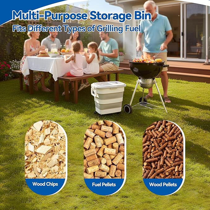 Wood Pellet Storage Container 30-40LB, Airtight Bin with Locking Lid & Clear Window, Collapsible Pellet Bucket with Wheels, Scoop & Labels, Light Gray