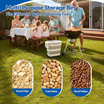 Wood Pellet Storage Container 30-40LB, Airtight Bin with Locking Lid & Clear Window, Collapsible Pellet Bucket with Wheels, Scoop & Labels, Light Gray