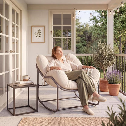 Garvee Patio Rocking Chair,Papasan Chairs, Lounge Chair for Patio,Beige | Heavy-duty powder-coated steel frame & UV waterproof PE rattan holds 450lbs, rust-proof . Simple assembly