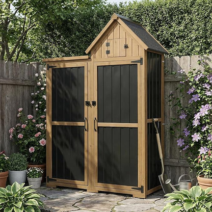 PetsCosset Outdoor Storage Cabinet Wood & Metal Garden Shed with Lockable Doors, 3 Adjustable Shelves, Weatherproof Patio Backyard Storage for Tools & Garden Supplies