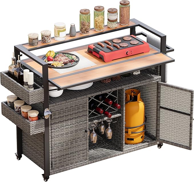 52.8" W Wicker Outdoor Grill Cart with Extended Plastic Wood Table Top,Rolling Kitchen Island on Wheels with Cabinet and Double Handle,for Patio Backyard Garden Poolside (Grey#t)