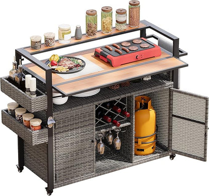 52.8" W Wicker Outdoor Grill Cart with Extended Plastic Wood Table Top,Rolling Kitchen Island on Wheels with Cabinet and Double Handle,for Patio Backyard Garden Poolside (Grey#t)