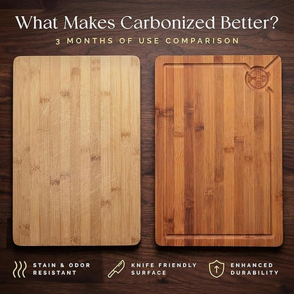 Pre-Oiled, Non Toxic 3-Piece Carbonized Bamboo Cutting Board Set, 500°F Carbonized Technology Eco-Friendly Wooden Chopping Boards for Kitchen with Juice Groove, Charcuterie Serving Boards Deer & Oak