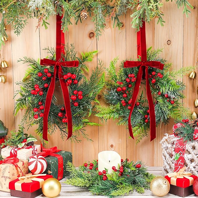 Suncalla 4 Pcs 11 Inch Mini Christmas Cabinet Wreath for Kitchen Christmas Berry Hanging Cabinet Wreath Decor with Red Bow Artificial Pine Candle Ring for Xmas Door Fireplaces Table Centerpiece