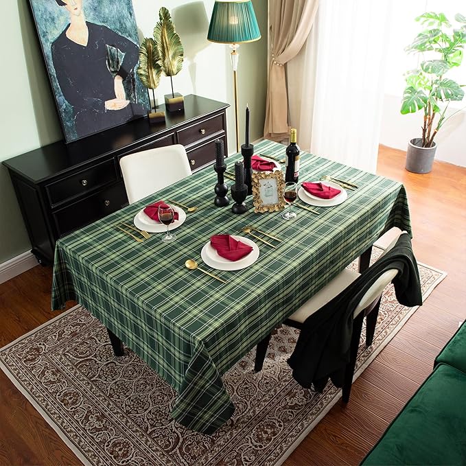 Christmas Green Plaid Waterproof Tablecloth – Classic Woven Check Design – Holiday Dining Table Cover for Xmas Parties, Stain-Resistant & Durable, W60 x L60 in
