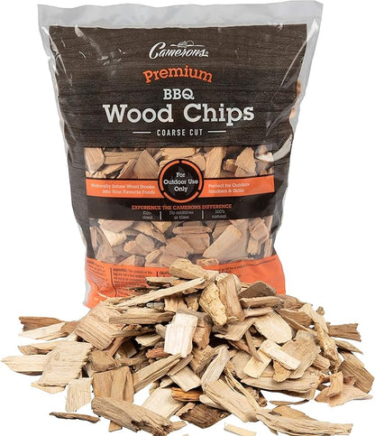 Camerons All Natural Bourbon Oak Wood Chips for Smoker -260 Cu In Bag, Approx 2 lbs- Kiln Dried Coarse Cut BBQ Grill Wood Chips for Smoking Meats - Barbecue Smoker Accessories - Grilling Gifts for Men