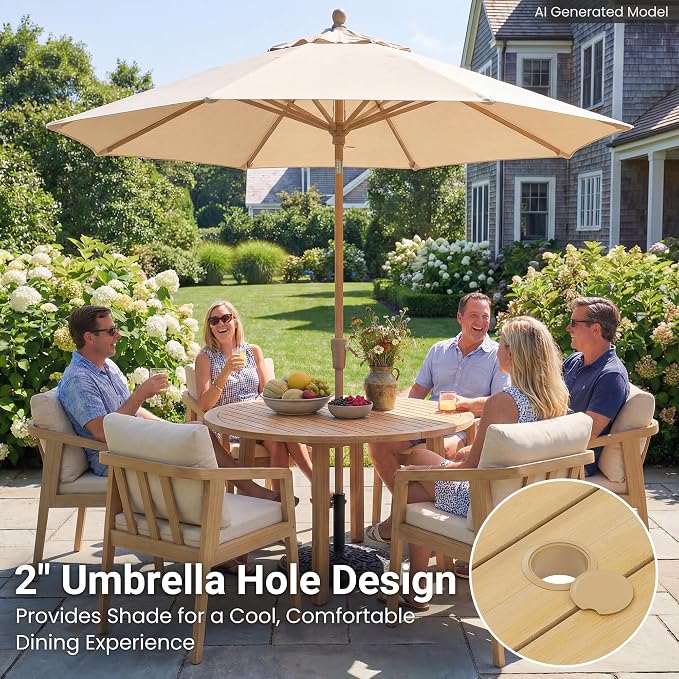FansaFurn 5 Pieces Acacia Outdoor Patio Table and Chairs Set for All-Weather, Outside Furniture with Table Umbrella Hole and Removable Cushion for 4, Backyard Furniture Set for Patio, Garden, Beige