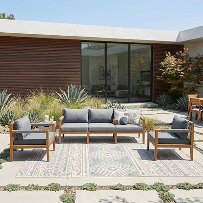VilroCaz 3-Piece Patio Conversation Set, All Weather Sectional Sofa Set with Acacia Wood Frame and Woven Rope Accents, Outdoor Furniture Set with Cushions for Backyard Deck Poolside (Grey+Rope v)