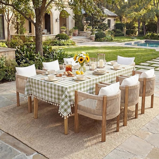 Softalker Outdoor Checkered Tablecloth Square, Spring Summer Linen Cotton Gingham Table Cloth with Tassel, Heavy Duty Wrinkle Free Buffalo Plaid Table Cover for Picnic Camping - 55 x 55 Inch, Sage