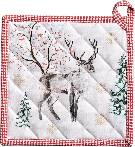 Maison d' Hermine Pot Holders 100% Cotton Heat Resistant Potholders 8" x 8" Hot Pads with Loop for Thanksgiving Christmas Decorations BBQ Cooking Baking Handling Hot Pans (Pack of 1, Rural Christmas)