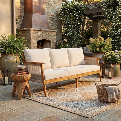 Christopher Knight Home Outdoor 3 Seater Patio Sofa with Acacia Wood Frame and Rope Weave Design, Cushioned Garden Couch with Removable Covers for Patio Deck Balcony, Teak and Beige
