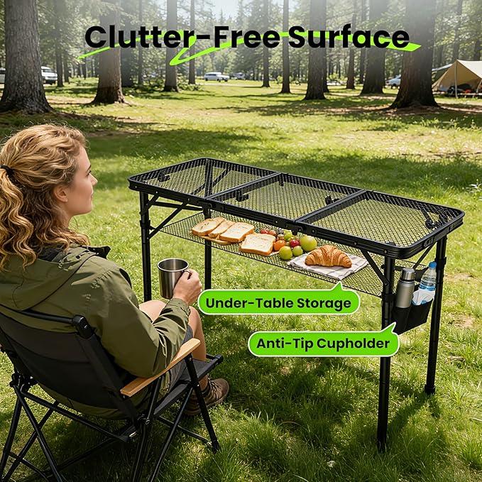 WildFinder Folding Grill Table, 3 Adjustable Height Max 27.5" Camping Table with Mesh Bag, 3x1.3 FT Outside Table for Picnic, Camping, BBQ, Beach, Patio(Black)