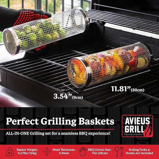 AVIEUS GRILL Rolling Grill Basket | Rolling Grilling Baskets for Outdoor Grilling 2 Pcs | Barbecue Grill Set with BBQ Gloves | Portable Camping Net Rack Perfect for Vegetables, Seafood & Meat