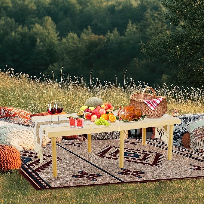Folding Picnic Table with Table Runner, Portable Boho Low Picnic Table for Indoor Outdoor, 44" x 22" Wooden Table with Adjustable Heights for Camping, Wedding, Beach, Garden, Party(Small Size for 4)