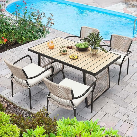 YITAHOME Outdoor Patio Dining Table for 4-6, Rectangular Table with Faux Wood Tabletop, Outside Table for Patio Balcony Porch Poolside - Black & Nature Wood