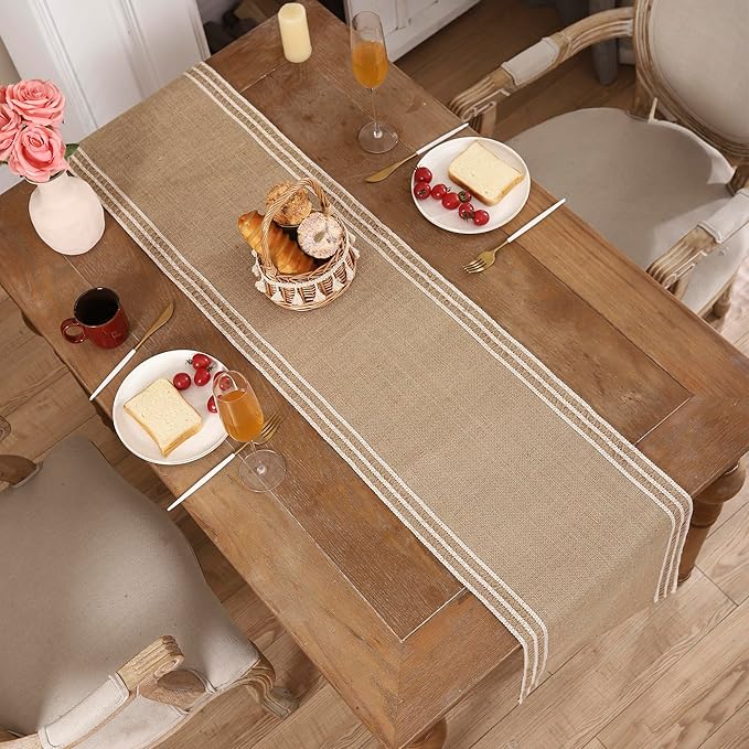 Burlap Table Runners 120 inch Natural Jute Table Runner Braided Table Runner Khaki Farmhouse Table Runner with Beige Lacework for Spring Summer Parties Everyday Holidays Dining Table