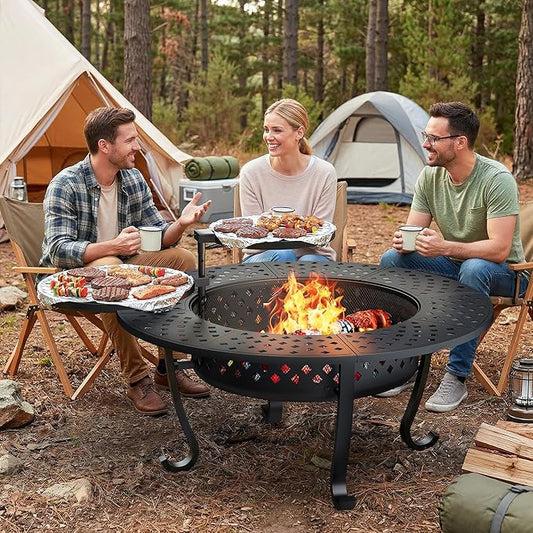 Outdoor Fire Pit, 43" Fire Pit for Outside Wood Burning with Adjustable 2 Grills, Firepit with Lid and Fire Poker, BBQ, Bonfire, Round Outdoor Fireplace 3 in 1 for Patio, Backyard, Garden, Camping