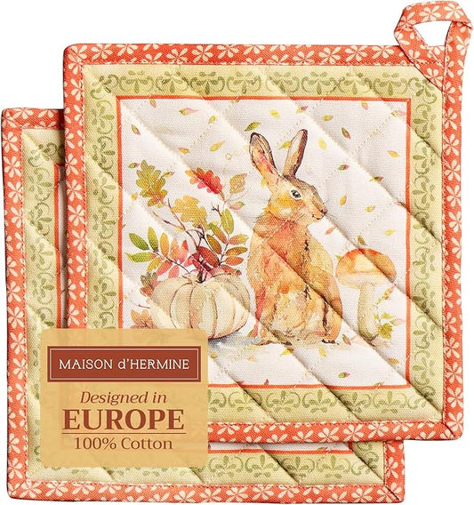 Maison d' Hermine Pot Holders Set 100% Cotton Heat Resistant Potholders 8" x 8" Hot Pads with Loop for Thanksgiving Christmas Decorations BBQ Baking Handling Hot Pans (Pack of 2, Pumpkin Passion)