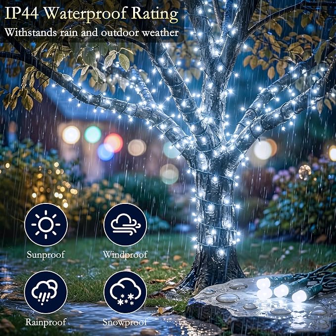 132FT 400 LED White Fairy Lights, Dark Green Wire 8 Modes Timer, IP44 Waterproof Outdoor Indoor String Lights for Patio Garden Backyard Bedroom Classroom Weeding Christmas Decor