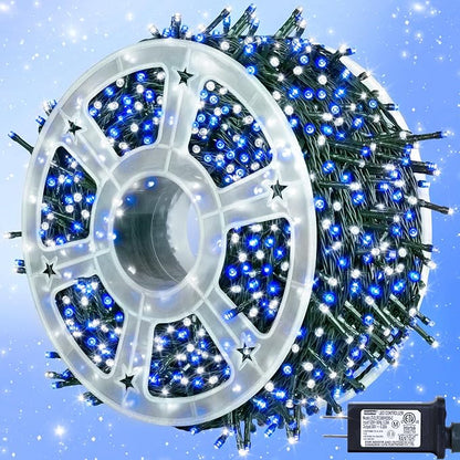 kemooie 500 LED Blue and White Christmas Lights, 164FT 8 Lighting Mode with Memory Plug in Christmas Tree Lights, for Outdoor Birthday Christmas Party Garden Balcony Decorations (Blue and White)
