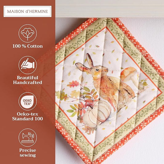 Maison d' Hermine Pot Holders Set 100% Cotton Heat Resistant Potholders 8" x 8" Hot Pads with Loop for Thanksgiving Christmas Decorations BBQ Baking Handling Hot Pans (Pack of 2, Pumpkin Passion)