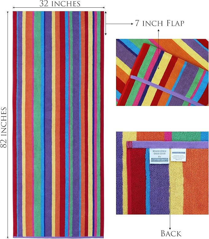 COTTON CRAFT Pool Lounge Chair Cover - 2 Pack Summer of Siam Dobby Terry Towel Chaise Lounge Cover - Soft 100% Cotton Beach Chair Cover - Oversized 32 in W x 82 in L x 7 in Pocket – Multi Color Stripe