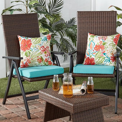 Outdoor 18 inch Square Patio Dining Chair Pads – Comfortable Fiber-Filled Seat Cushions with Ties, Reversible Polyester Fabric - Teal, Set of 2
