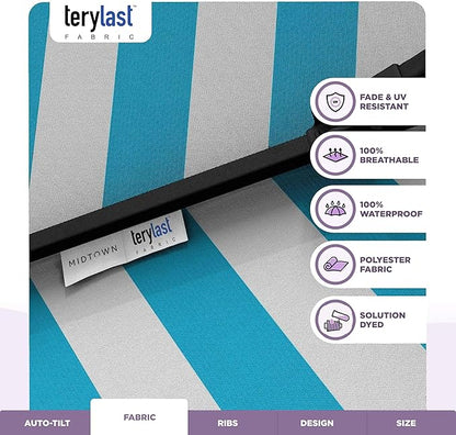 Midtown Umbrellas The Lean 9 Feet Outdoor Umbrella With Terylast Cobalt Stripes (Blue/White Stripes) Polyester Fabric - Auto-Tilt Aluminum Frame Patio Umbrella For Deck, Garden, Pool - Black Pole