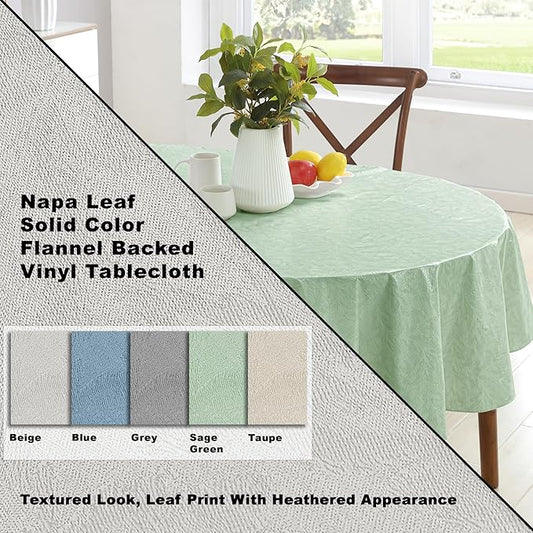 Newbridge Napa Leaf Sage Green Vinyl Flannel Backed Tablecloth, 60 x 102 Inch Oval, Hotel Quality Waterproof Indoor Outdoor Table Cover for Kitchen, Patio, Dining, BBQ
