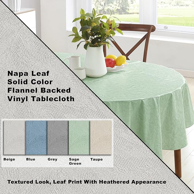Newbridge Napa Leaf Sage Green Vinyl Flannel Backed Tablecloth, 60 x 84 Inch Oval, Hotel Quality Waterproof Indoor Outdoor Table Cover for Kitchen, Patio, Dining, BBQ