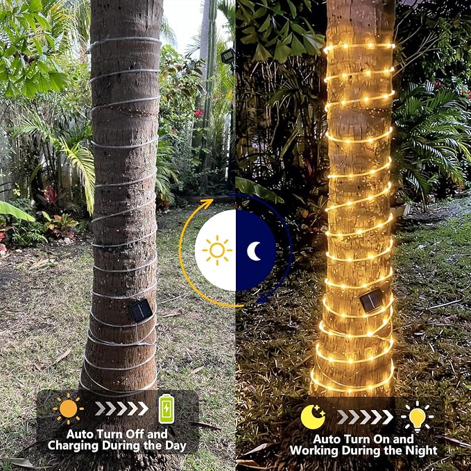 YEGUO Solar Rope Lights Outdoor Waterproof, 66ft 200 LED Warm White String Lights, 8 Modes Fairy Lights in Clear Thin Tube