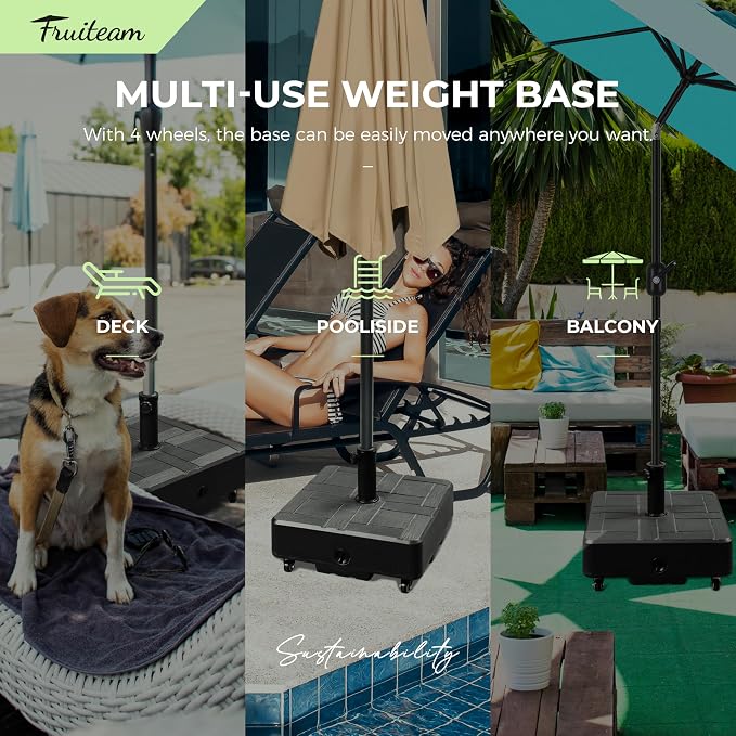 FRUITEAM 120 LBS Fillable Mobile Umbrella Base with Wheels | Heavy Duty Patio Umbrella Stand, Fillable Weighted Umbrella Base for Patio, Deck, Poolside, Windproof Design