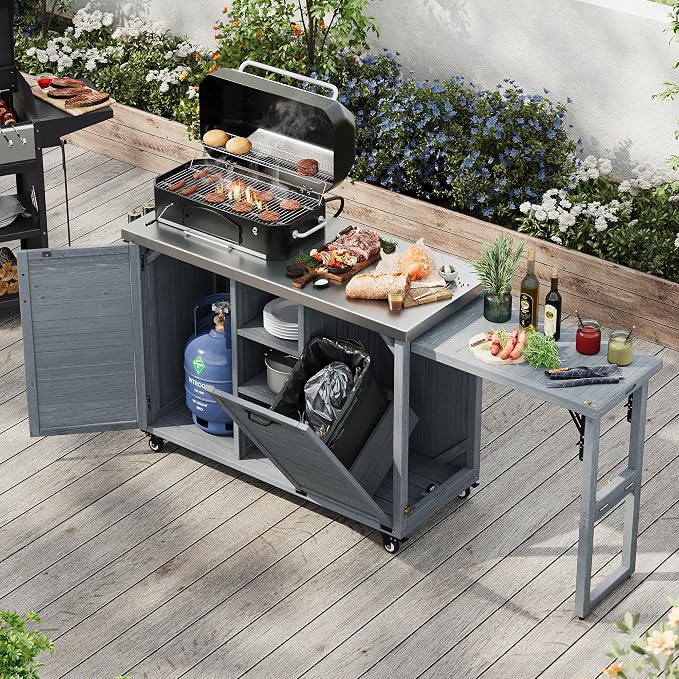 JIVOIT 78.3" Outdoor Kitchen Island with Foldable Table, Wooden Outdoor Grill Cart with Trash Can Storage & Stainless Steel Top, Adjustable Shelf, Spice Rack, Modular Towel, Paper Rack