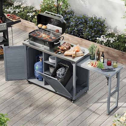 JIVOIT 78.3" Outdoor Kitchen Island with Foldable Table, Wooden Outdoor Grill Cart with Trash Can Storage & Stainless Steel Top, Adjustable Shelf, Spice Rack, Modular Towel, Paper Rack