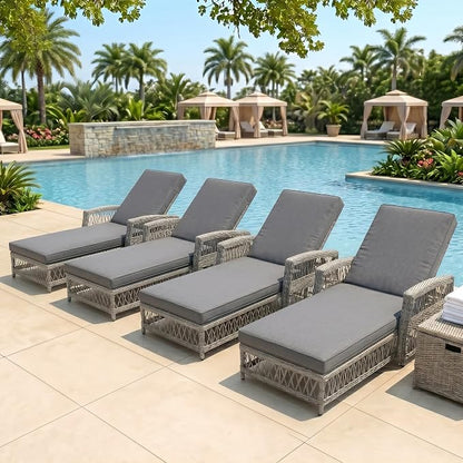 Merax Outdoor Rattan Chaise Lounge Set of 4, All-Weather Patio Recliners with 4-Position Adjustable Backrests, Armrests, and Removable Cushions for Poolside & Garden, Grey