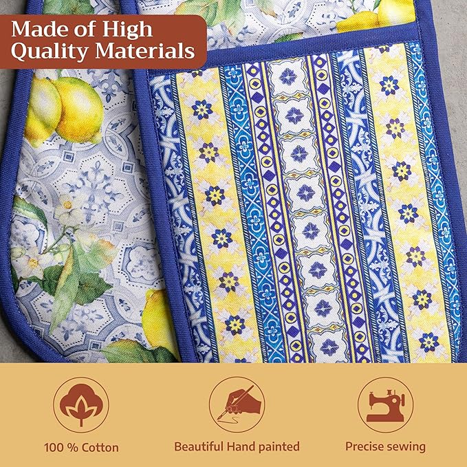 Maison d' Hermine Double Oven Mitts 100% Cotton 7"x35" Double Oven Mitt Heat Resistant BBQ Cooking Gloves with Loop Baking Grilling Kitchen Hotel Home Farmhouse Spring Summer (Citrus)