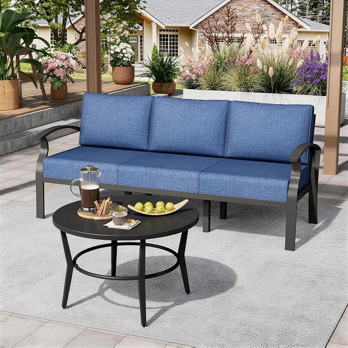 ALAULM Aluminum 3-Seat Patio Furniture Set, Metal Outdoor Furniture Sectional Sofas w/5.1" Cushions for Patio, Backyard, Poolside-DarkBlue