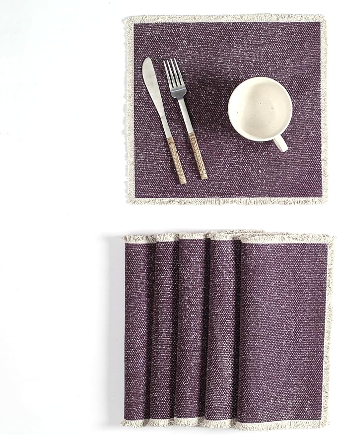 Hausattire Cotton Frayed Placemats Set of 6 Dining Table 14x14 Inch | Rustic Vintage Boho Washable Easter Placemat for Outdoor Parties BBQ's Spring, Holiday, Special Occasions, Nubby Cotton - Plum